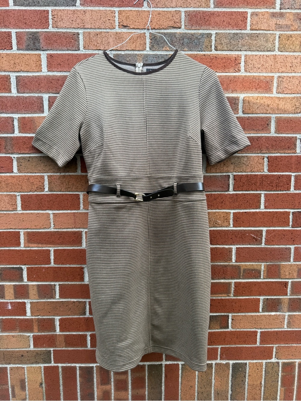 Lauren Ralph Lauren Houndstooth Belted Sheath Dress Brown Cream Size Large
